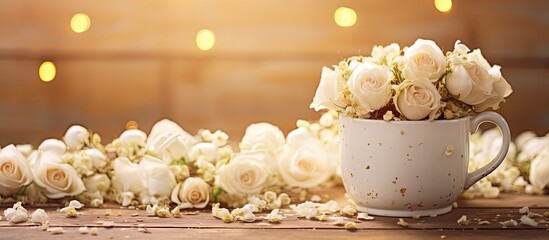 A copy space image of vintage cup filled with white wedding roses resting on wood background and surrounded by scattered floral petals