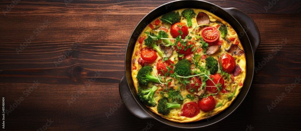 Poster Italian vegetable frittata with broccoli tomatoes and red onions cooked in an iron skillet The view is from the top providing an overhead look at the dish There is empty space around the image