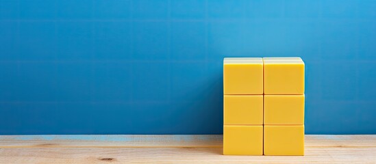 Naklejka premium A yellow cube calendar is placed on a blue wooden surface providing ample copy space for additional content