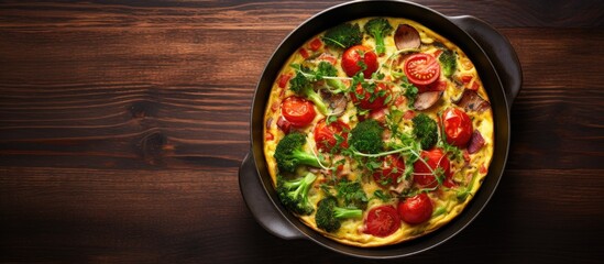 Italian vegetable frittata with broccoli tomatoes and red onions cooked in an iron skillet The view is from the top providing an overhead look at the dish There is empty space around the image