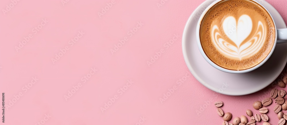 Poster top view of a cup of coffee with latte art a keyboard surrounded by office tools and a pink backgrou