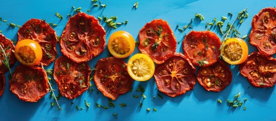 Top view of homemade dehydrated vegetable sun dried tomato slices generously sprinkled with Italian herbs and spices resting on a blue backdrop Ample copy space is available