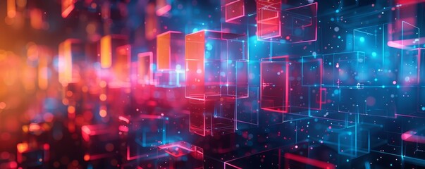 Obraz premium abstract illustration of geometric shapes and structures in colorful neon colors and lights in cyberspace against dark background