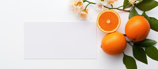 Composition mockup of a bright flower leaf and orange fruit on a white paper card note suitable for a greeting card Ample copy space available