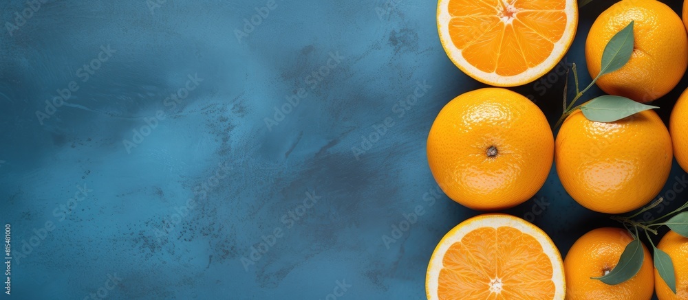 Poster a top down view of ripe juicy oranges the oranges have been cut in half and are displayed on a blue 