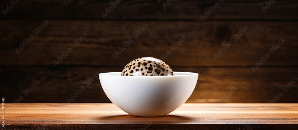 Poster A quail egg is placed in a bowl on a wooden table providing an ample amount of copy space for text or other elements