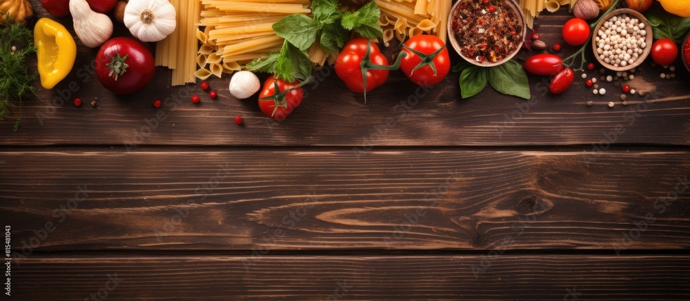 Poster wooden board with a top down view of vegetables scissors made of wood and pasta as ingredients ideal