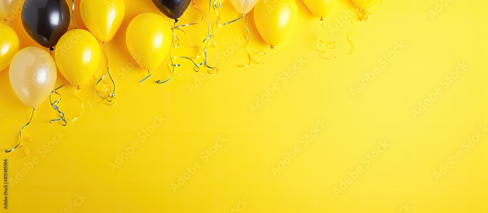 Poster The party theme is brought to life with vibrant balloons confetti and a yellow background creating a top down frame with plenty of copy space image