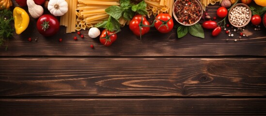 Wooden board with a top down view of vegetables scissors made of wood and pasta as ingredients Ideal for a copy space image