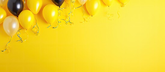 The party theme is brought to life with vibrant balloons confetti and a yellow background creating a top down frame with plenty of copy space image