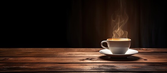 A cup of coffee is placed on a wooden table against a dark background leaving room for additional images or text