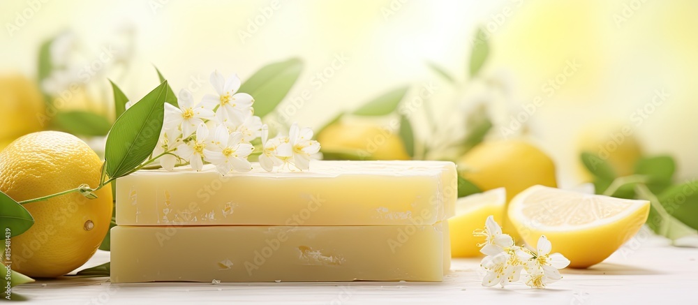 Poster copy space image of a light background showcasing a refreshing homemade soap infused with the deligh