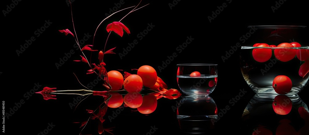 Poster an abstract still life composition featuring vibrant red colors blending in the water set against a 