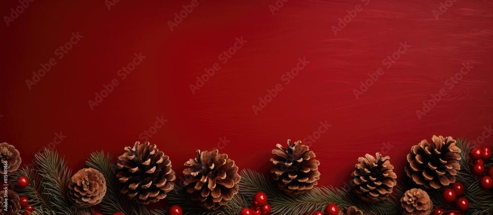Poster A red background with pine cones and branches of the Xmas tree perfect for Christmas and New Year celebrations Image with copy space