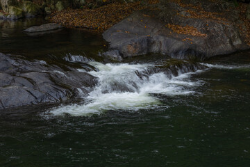 Naklejka premium A small waterfall or cascade flowing over the edge of granite rocks into a pool that is a popular swimming hole for tourists and locals at Crystal Cascades in Cairns in tropical Queensland, Australia.