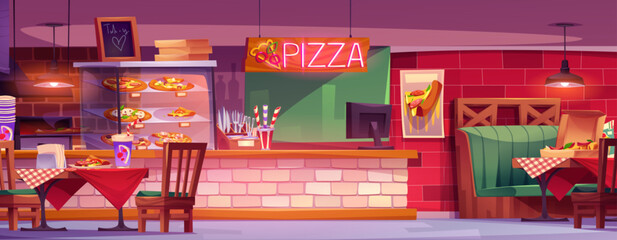 Pizza restaurant interior. Italian cafe background. Pizzeria shop room inside with table, chair, neon signboard and brick wall decor. Empty fastfood place with wooden counter and cozy lounge design