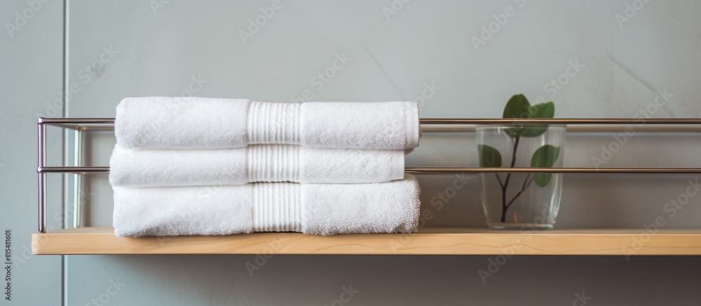 Poster a white towel rests in a metal basket on the bathroom shelf providing a visually appealing copy spac