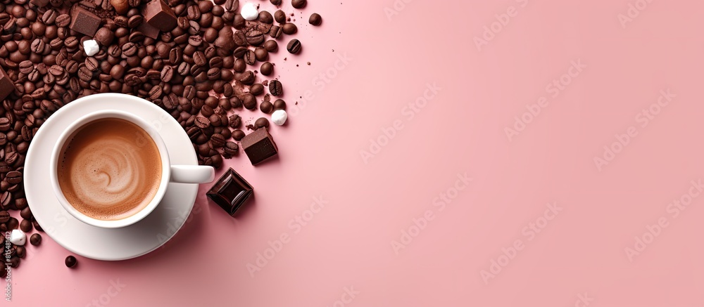 Leinwandbilder a top down flat lay view of a cup of steaming hot chocolate accompanied by milk chocolate pieces con