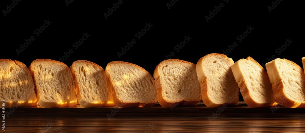 Poster a close up copy space image of bread slices arranged on a wooden board