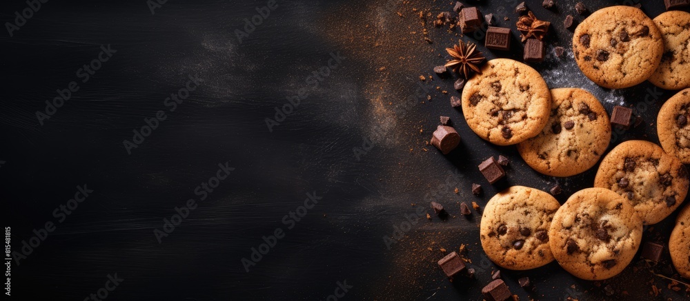Poster A top down view of cookies with chocolate chunks and bitter cocoa on a dark background creating a framed image with empty space for text. Creative banner. Copyspace image