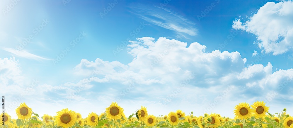 Poster A sunny day in a field outdoors with sunflowers growing and a wide open space for a captivating copy space image