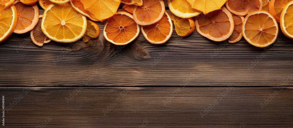 Poster top view of orange chips and dried orange slices arranged on a wooden background the horizontal copy