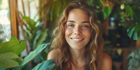 radiant young woman with a captivating smile surrounded by indoor plants in a cozy home environment