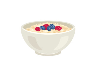 Oatmeal porridge with berries in bowl isolated on white background. Vector cartoon flat illustration of healthy food.