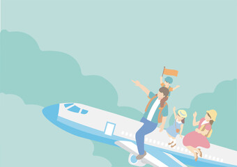 トラベル　夏　フレーム　人物　家族　ファミリー　飛行機　トラベル　アイソメトリック風　イラスト素材