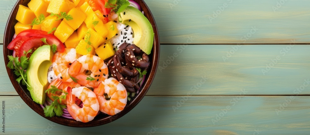 Poster top view copy space image of a traditional hawaiian meal consisting of poke bowls filled with shrimp