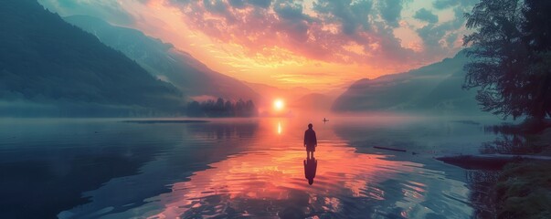 Lone wanderer witnessing sunrise over the lake - Powered by Adobe