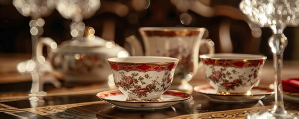 Naklejka premium Closeup antique Chinese tea cups and crystal wine glasses, at home