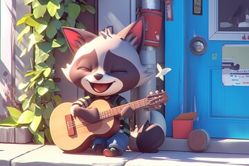 cartoon raccoon playing guitar