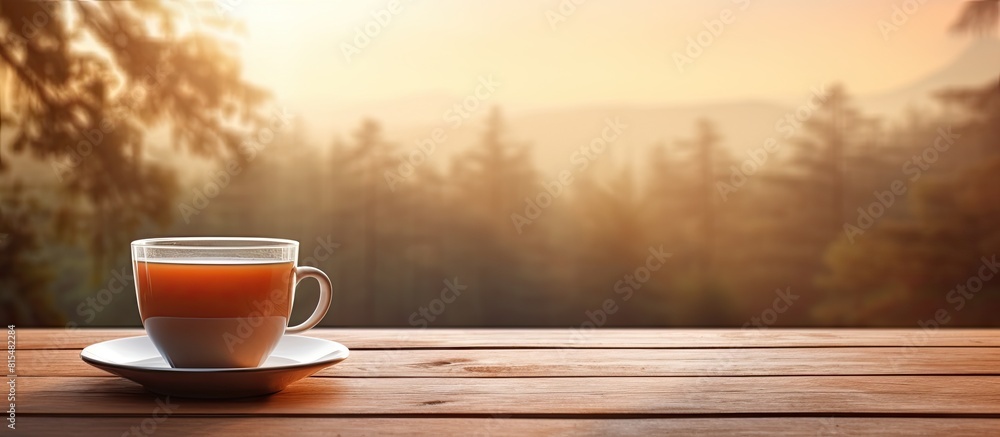 Poster A cup of tea is placed on a wooden table creating a peaceful image with ample empty space around it for copy