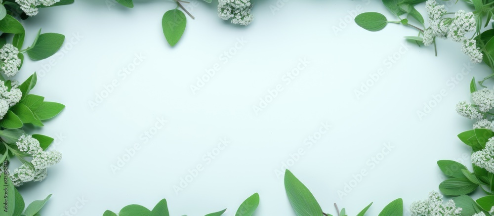 Leinwandbilder a top view of a mock up frame made of organic leaves featuring a white blank against a green mint ba