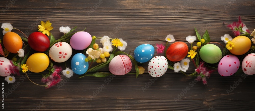 Poster a festive easter spring card with colored eggs placed on a wooden background providing a perfect cop