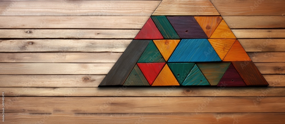 Poster The tangram puzzle is displayed in the shape of a Christmas tree on a wooden background creating a visually appealing copy space image 136 characters