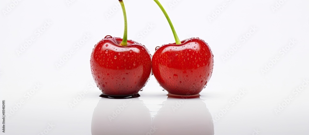 Poster a copy space image featuring a ripe and sweet cherry set against a clean white background