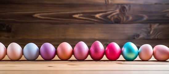 Copy space image of pastel colored eggs painted on a wooden surface