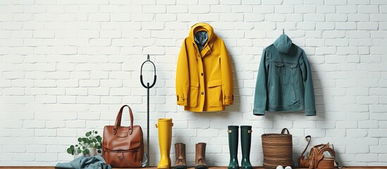 Copy space image featuring a collection of rainy weather essentials including an umbrella raincoat and rubber boots set against a white brick wall Perfect for adding text or captions 174 characters