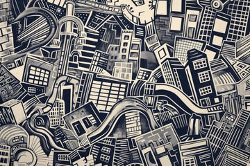 Obraz premium Cartoon cute doodles of industrial-themed linocut prints, etchings, and screenprints capturing the textures and patterns of cityscapes, Generative AI