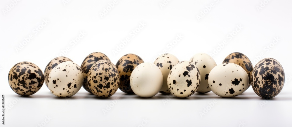 Poster A pack of quail eggs is displayed on a white background creating a visual that emphasizes healthy food. Creative banner. Copyspace image