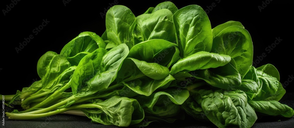 Sticker A vibrant image of fresh green spinach set against a dark black background creating ample copy space This evokes a sense of a healthy and nutritious diet