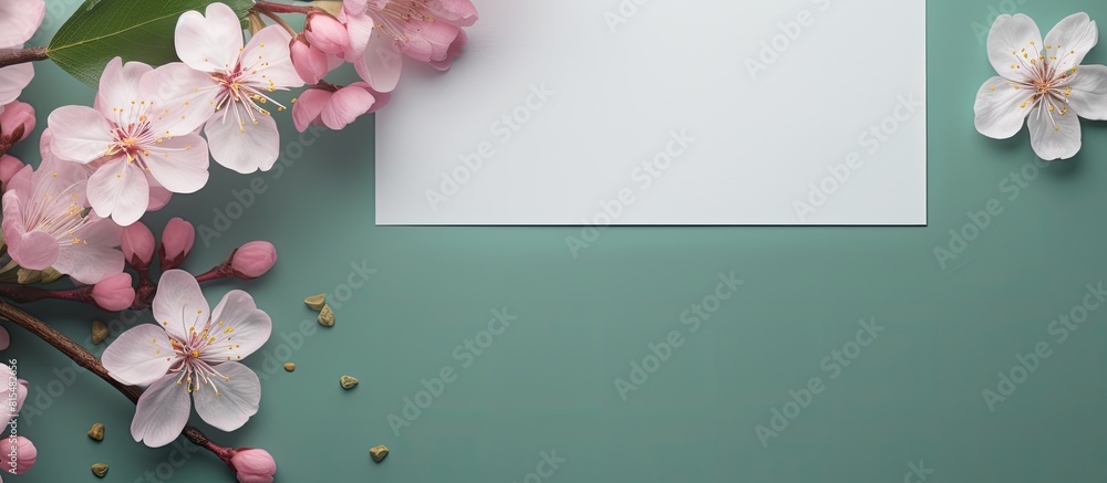 Poster Top view of a wedding invitation card mockup template with pink flowers on a green background offering plenty of copy space for customization