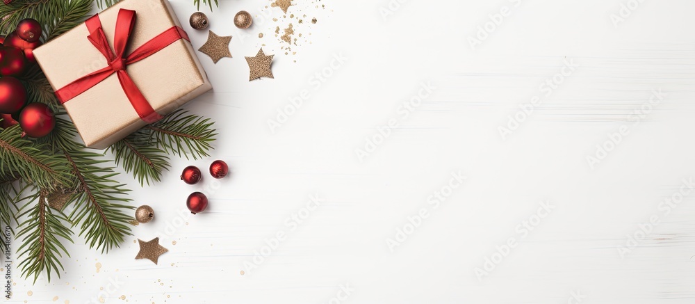 Fototapete a christmas gift box adorned with fir and decorations is showcased on a white background the image o