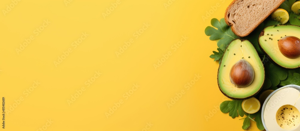 Poster A healthy breakfast featuring avocado egg and toast is presented on a yellow background The top down view allows for a copy space image