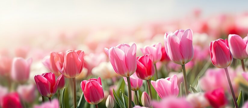 A stunning collection of spring flowers featuring lovely pink tulips that fill a tulip field with a pleasing blur both in the foreground and background Perfect for a copy space image