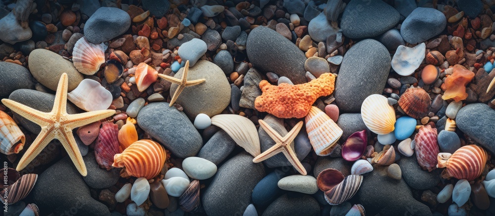 Poster a copy space image showcasing an assortment of pebbles various shells and starfish in the background