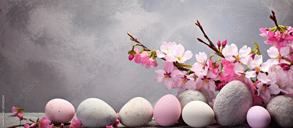Poster a stone background with cherry blossom flowers and easter eggs creating a beautiful image good for b