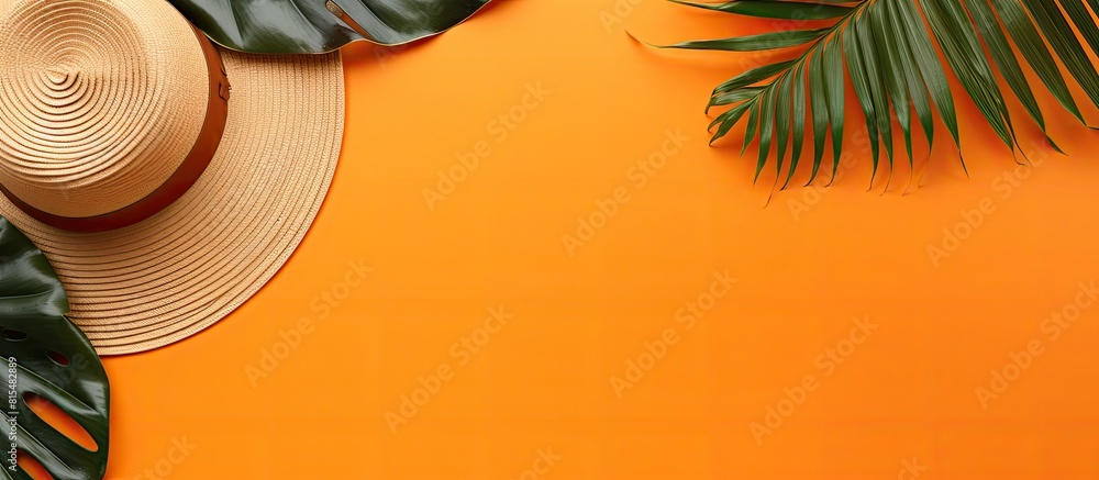 Poster copy space image featuring a fashionable straw hat and a vibrant tropical leaf set against an orange